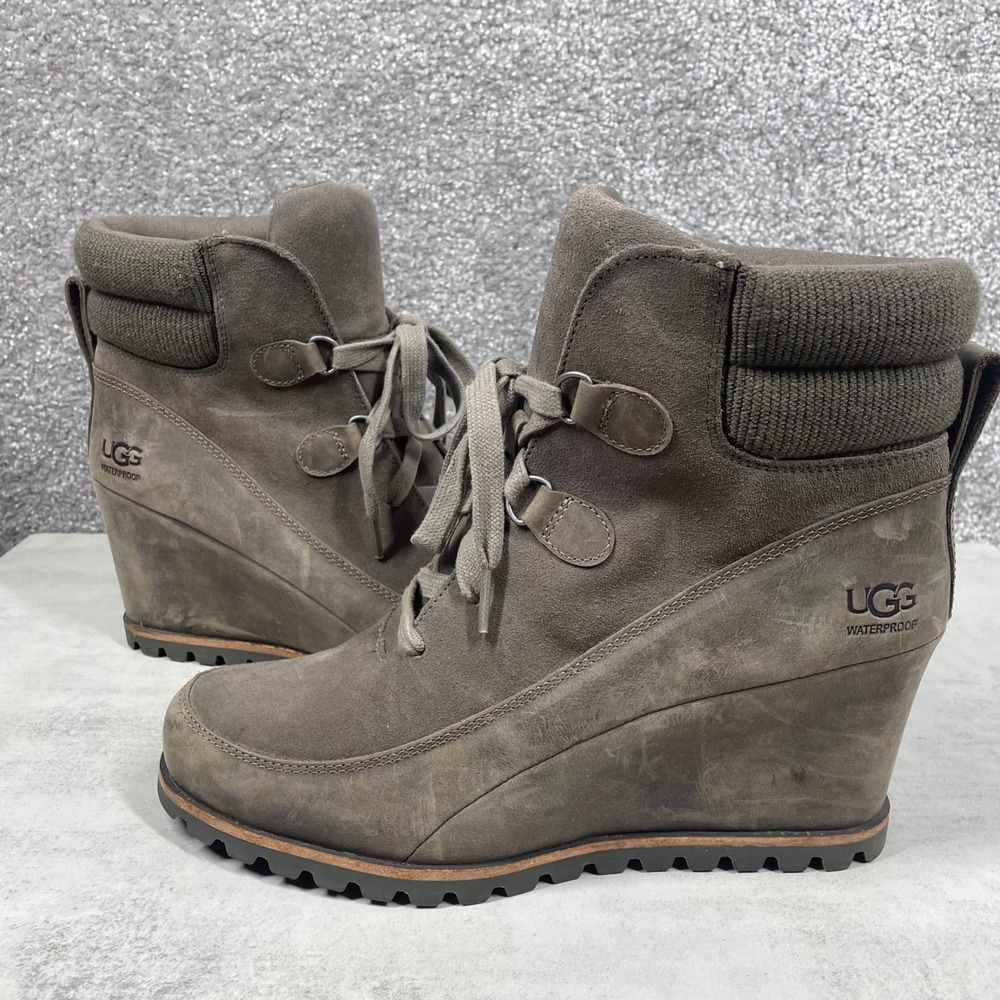 UGG Wedge Boots Womens 10 Ankle Boots Waterproof Suede Lace Up Kriston Mole